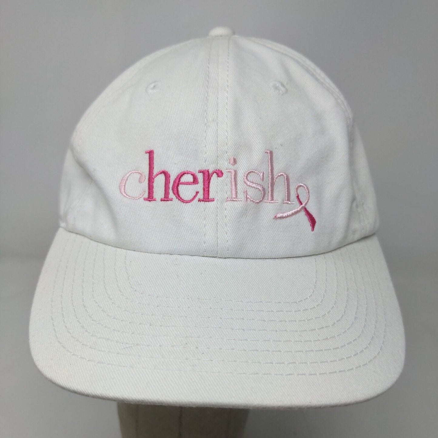 Cherish Women's Slideback Hat White Adjustable Embroidered Logo Breast Cancer