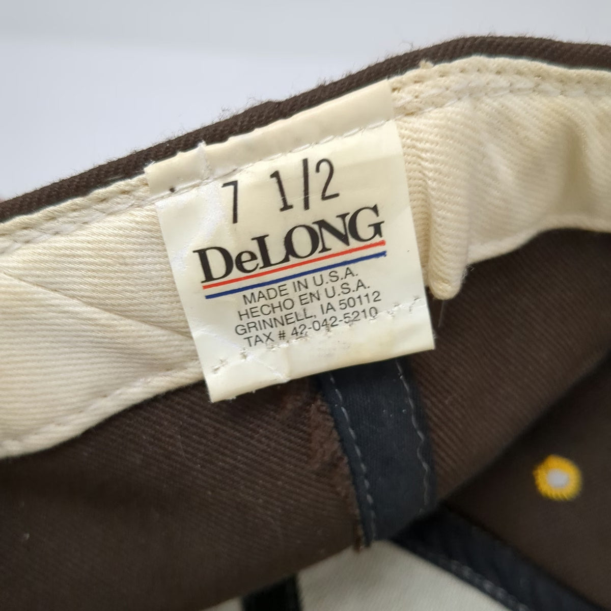 DeLONG Baseball Cap Brown Yellow White 7 1/2 Fitted Made in USA Letter V Hat