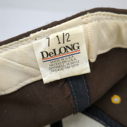DeLONG Baseball Cap Brown Yellow White 7 1/2 Fitted Made in USA Letter V Hat