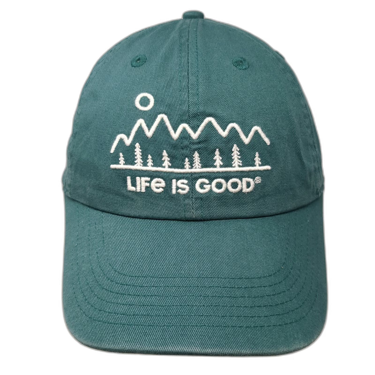 Life is Good Baseball Cap Green One Size Mountains Trees Graphic Strapback Hat