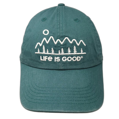 Life is Good Baseball Cap Green One Size Mountains Trees Graphic Strapback Hat
