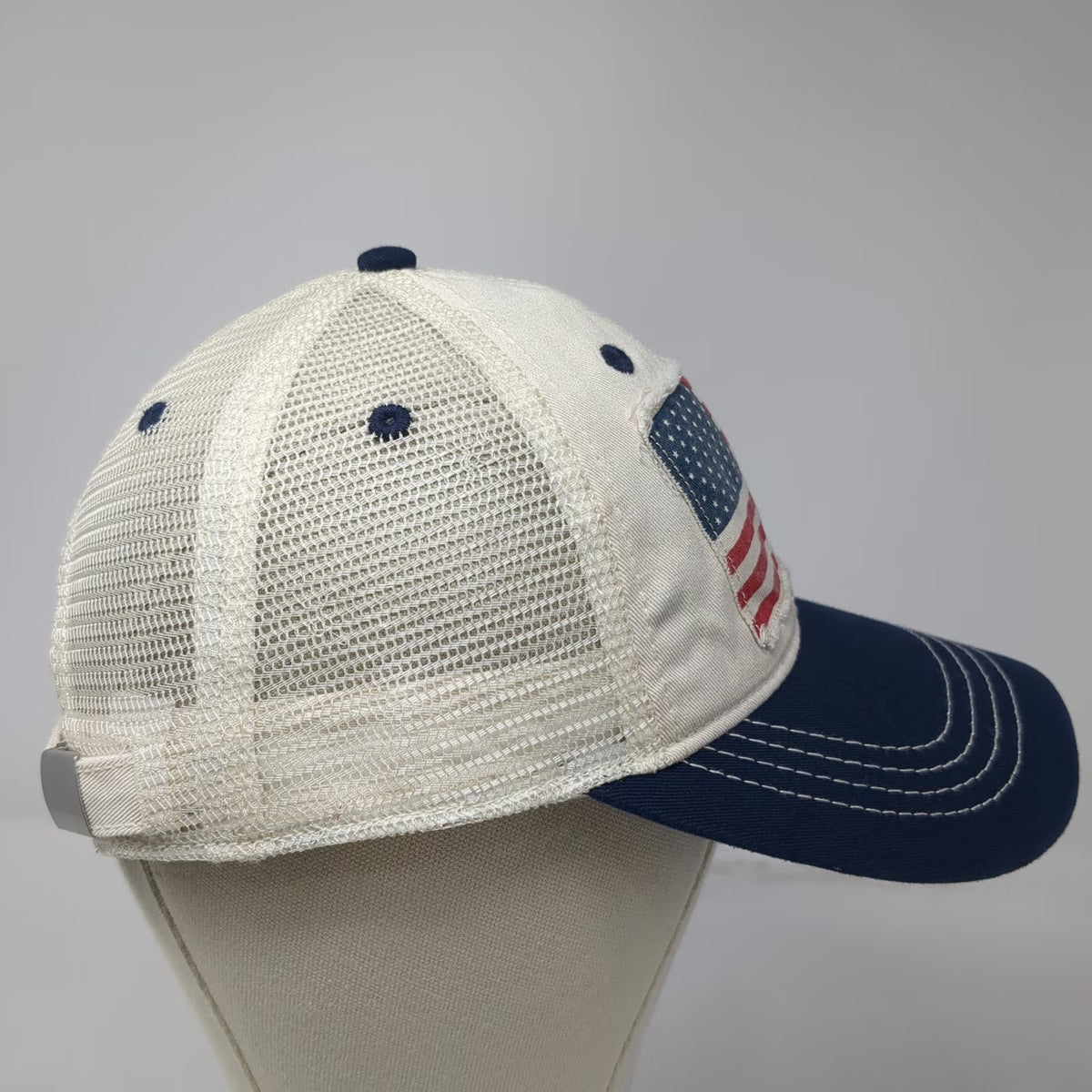 Baseball Cap White Blue Red One Size American Flag Patch Mesh Back Slideback Hat