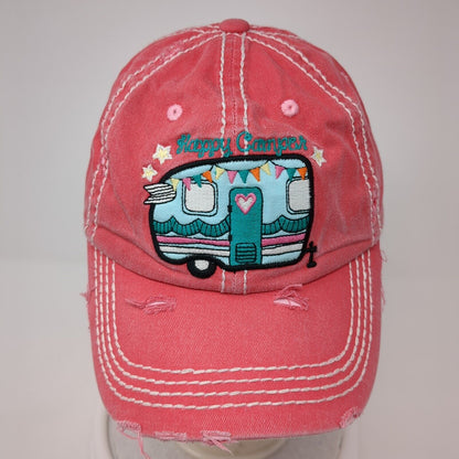 Happy Camper Strapback Hat Pink One Size Adjustable Distressed KB ETHOS Vintage