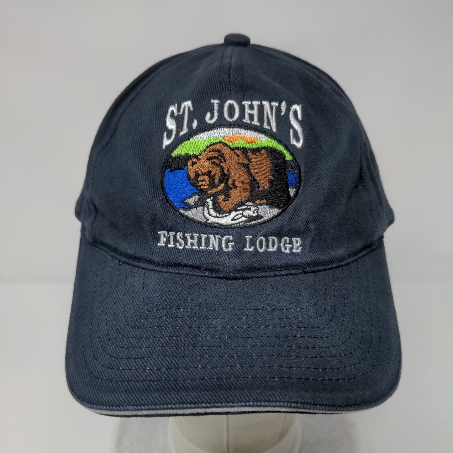 St. John's Fishing Lodge Strapback Hat Blue OSFA Adjustable Embroidered Cotton