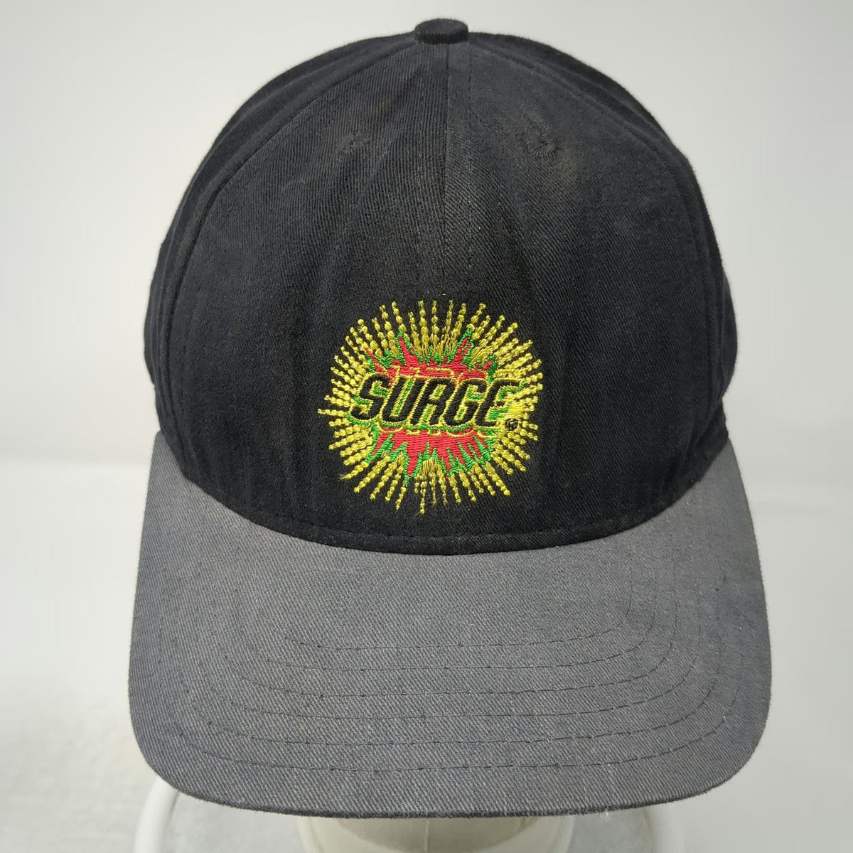 Capstone Snapback Black Gray Made in USA Surge Soda Logo Explosion Hat Vintage
