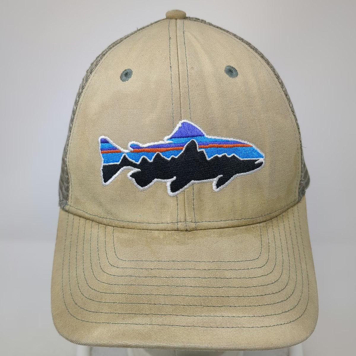 Patagonia Trucker Hat Beige One Size Mesh Back Embroidered Fish Logo Snapback