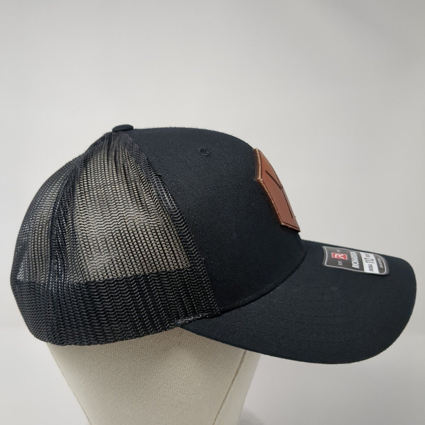 Richardson Snapback Mesh Back Trucker Hat Black One Size Leather Patch