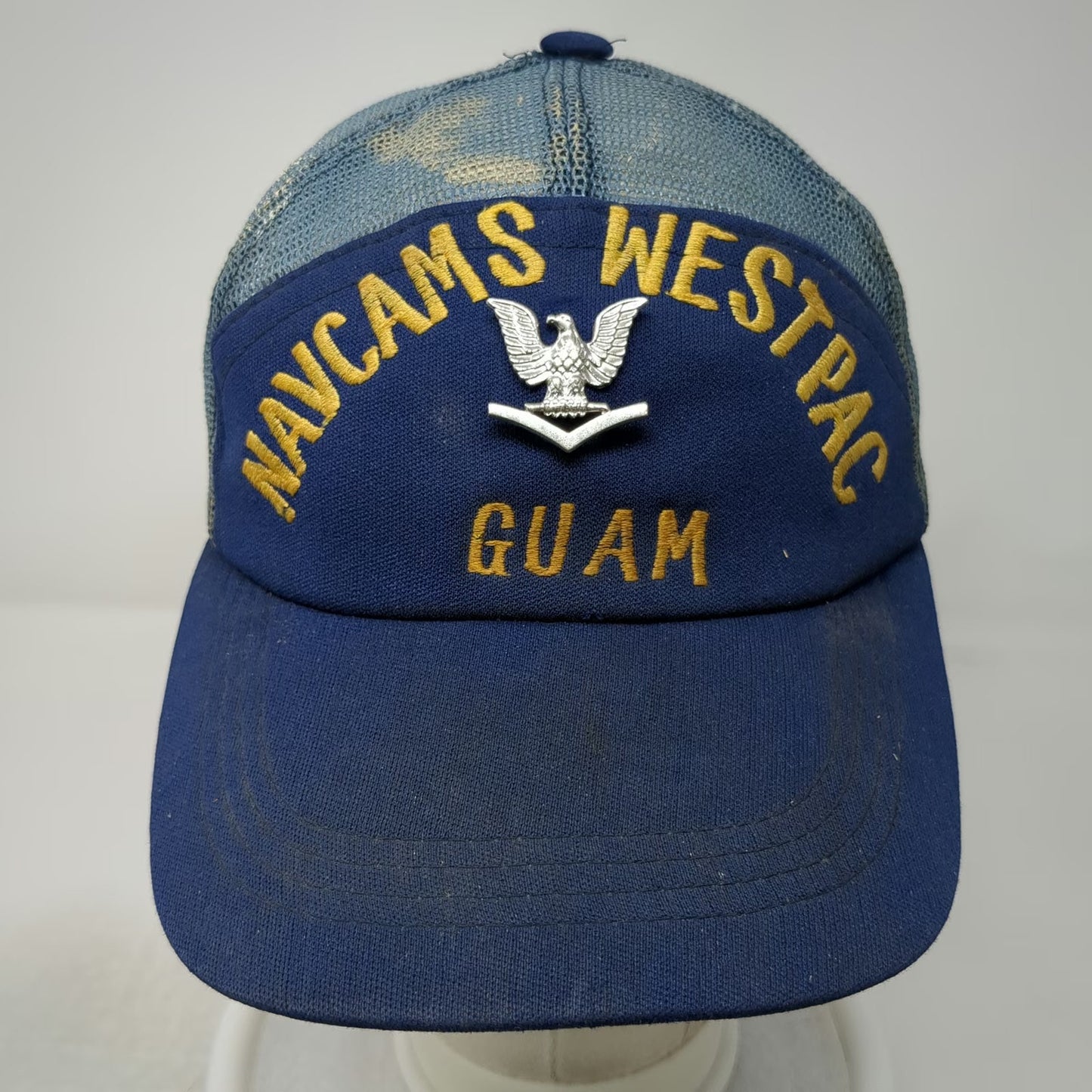 Blue Trucker Hat One Size NAVCAMS WESTPAC Guam US Navy Eagle Rank Pin Mesh Snap