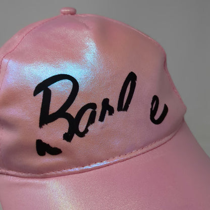 Barbie Girls Pink OS Hat Iridescent Script Logo Mattel Strapback Distressed