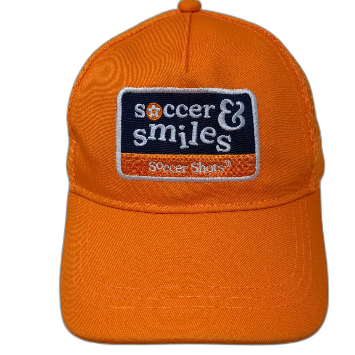 Soccer Shots Trucker Hat Orange One Size Mesh Snapback Soccer Smiles Sports
