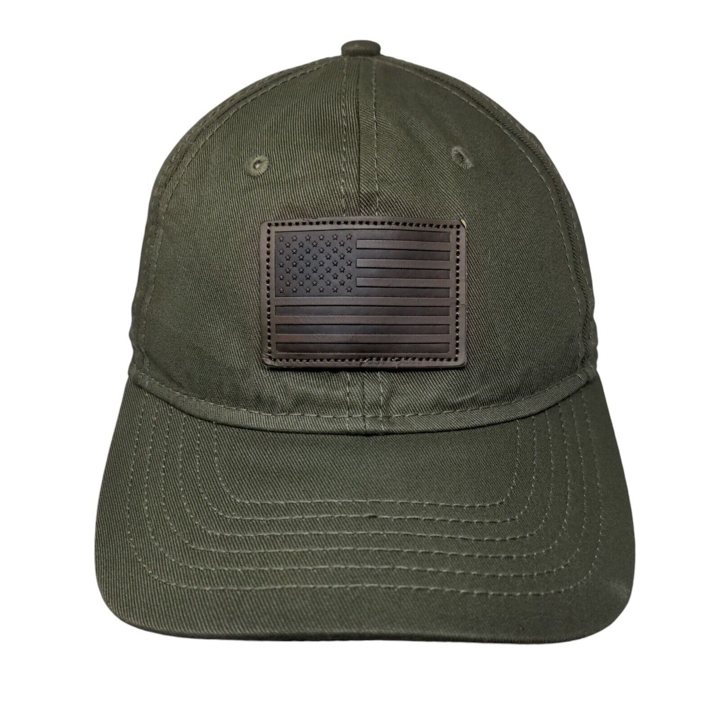 American Flag Leather Patch Strapback Hat Green One Size Adjustable