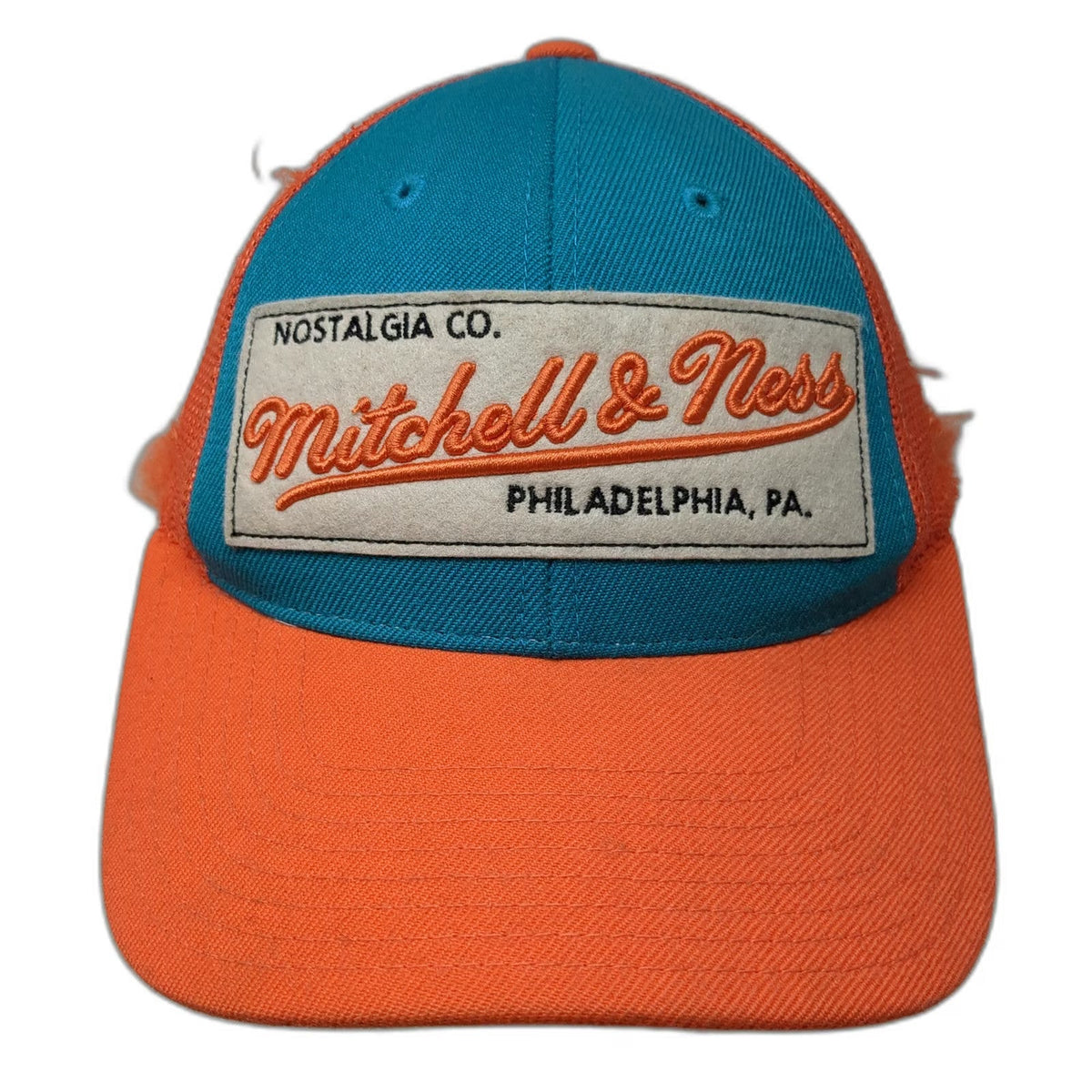 Mitchell & Ness Trucker Hat Orange Blue OSFM Philadelphia Patch Mesh Snapback