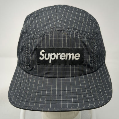 Supreme 5 Panel Black Hat Grid Pattern Drawstring Box Logo Made in USA Vintage
