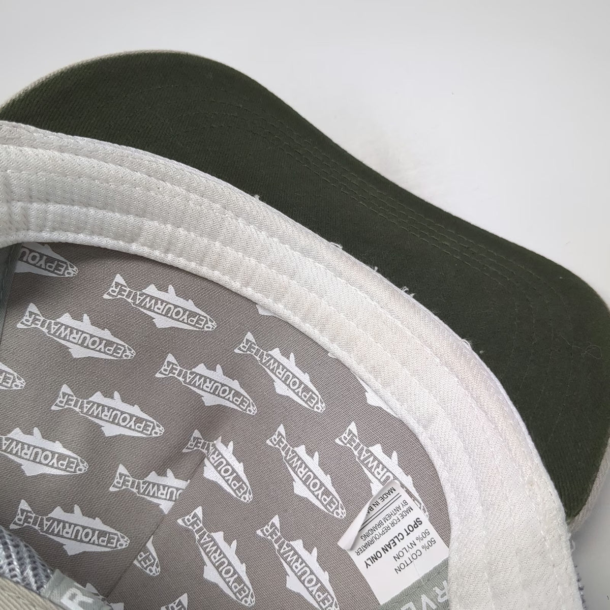 RepYourWater Trucker Hat Gray Beige One Size Rainbow Trout Fish Mesh Back