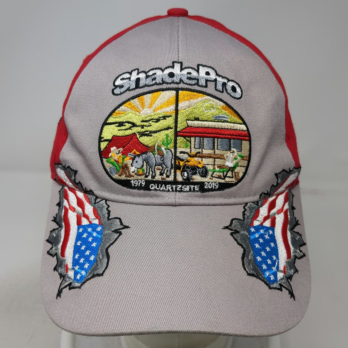 ShadePro Baseball Cap Gray Red One Size Quartzsite 2019 American Flag RV Legacy