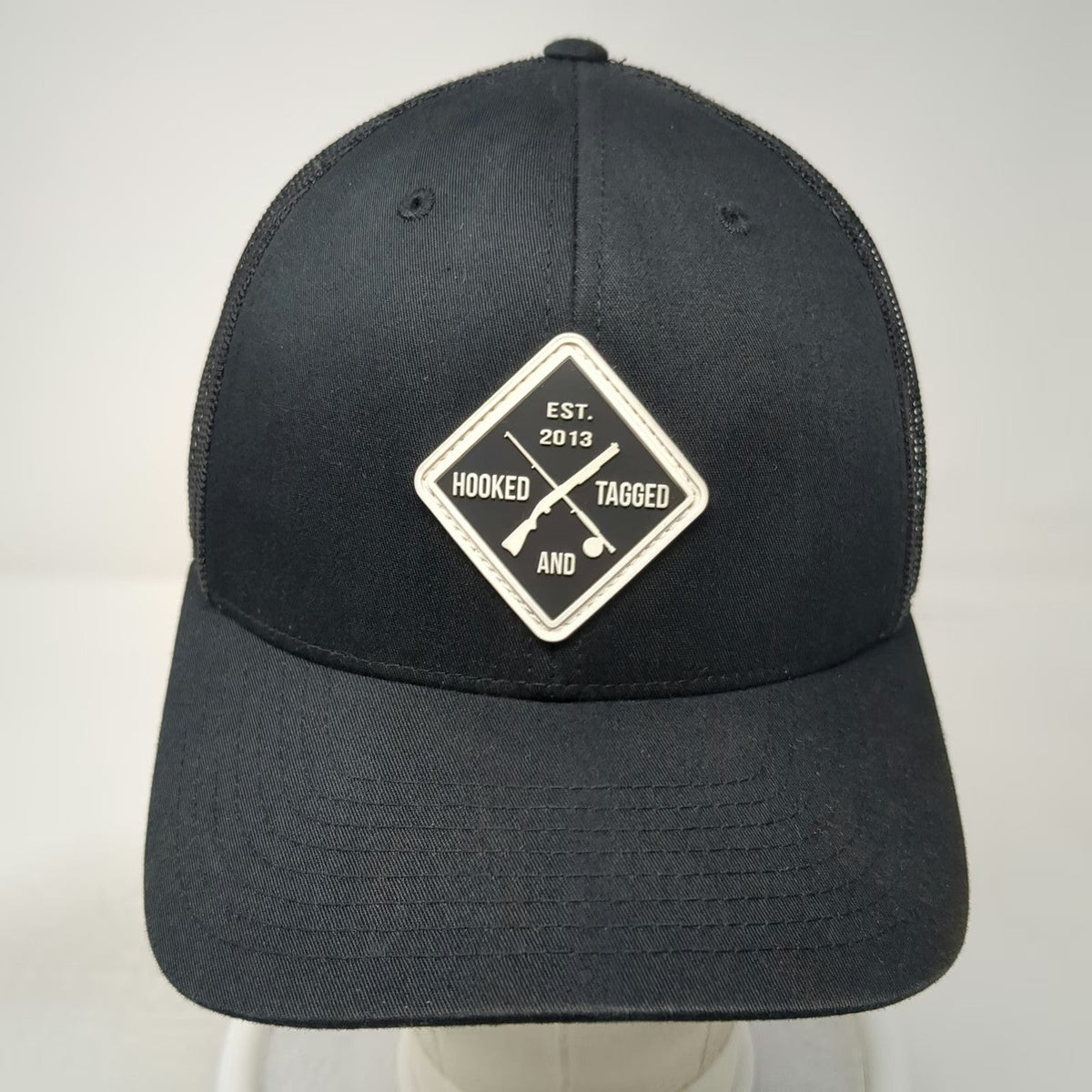 Hooked and Tagged Black One Size Trucker Hat Mesh Back Snapback Hunting Fishing