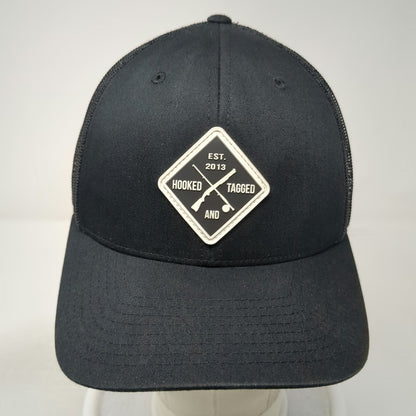 Hooked and Tagged Black One Size Trucker Hat Mesh Back Snapback Hunting Fishing