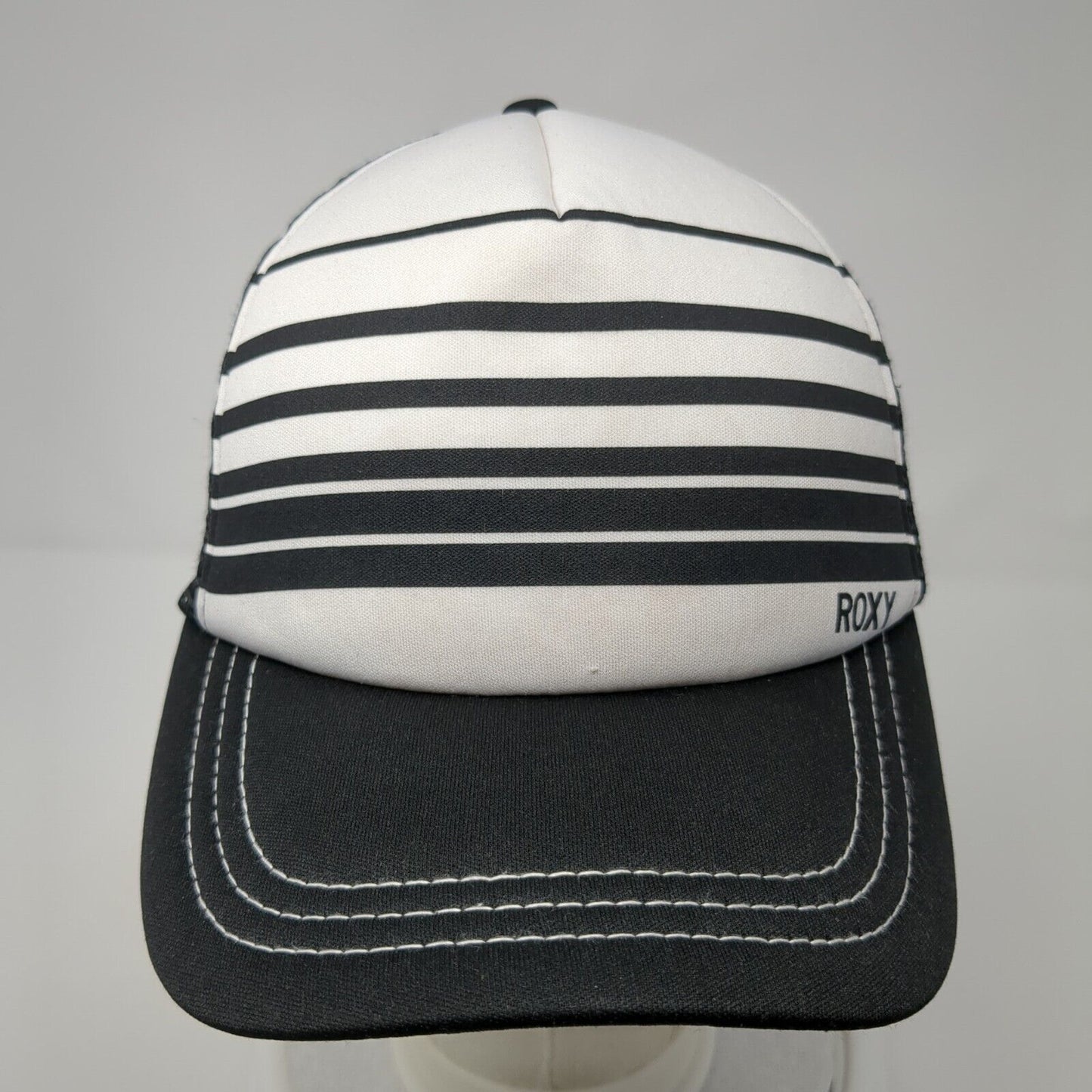 ROXY Snapback Trucker Hat Black One Size Adjustable Striped 6 Panel Mesh Back