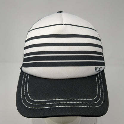ROXY Snapback Trucker Hat Black One Size Adjustable Striped 6 Panel Mesh Back