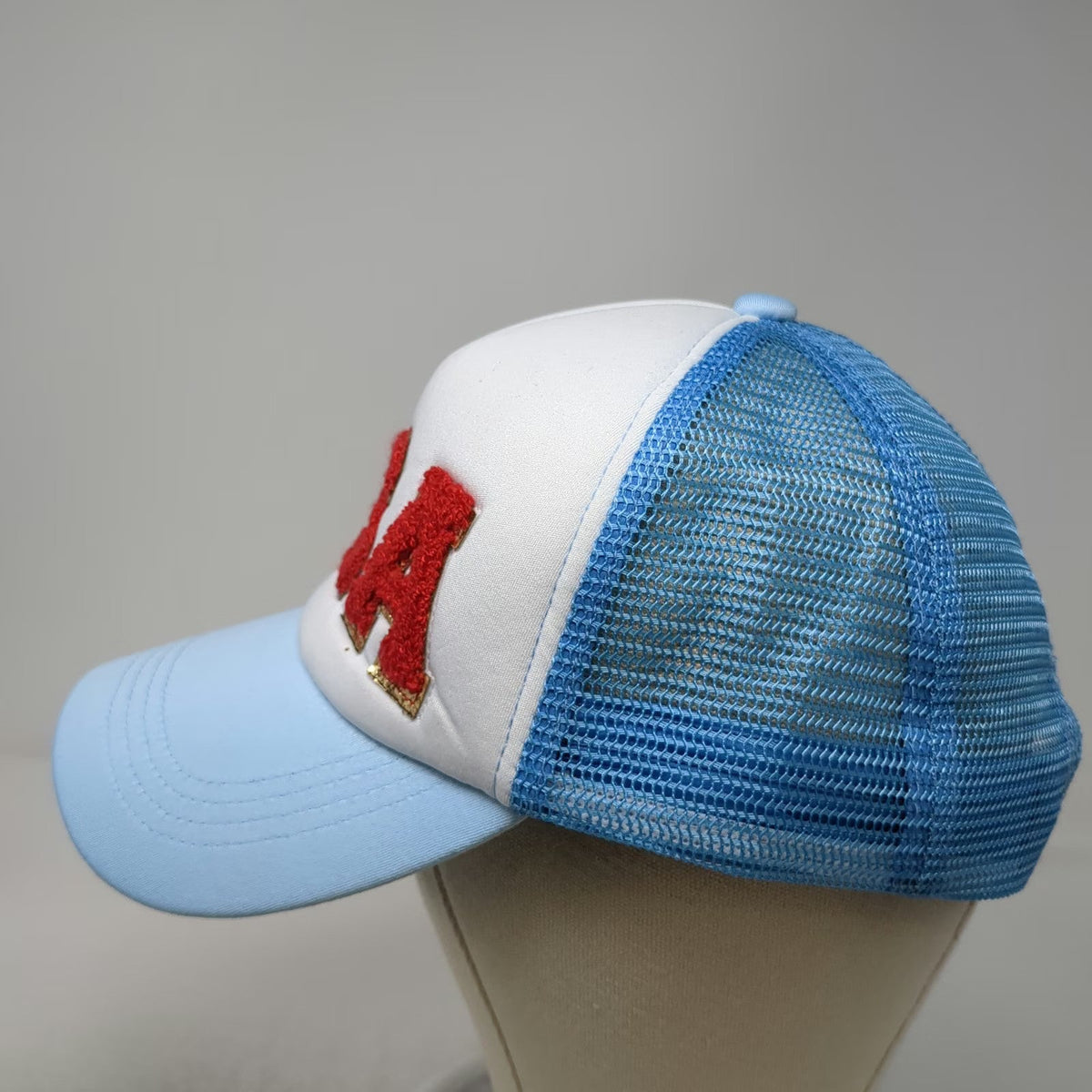 Trucker Hat Blue One Size USA Chenille Patch Gold Trim Mesh Foam Front Snapback