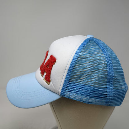 Trucker Hat Blue One Size USA Chenille Patch Gold Trim Mesh Foam Front Snapback