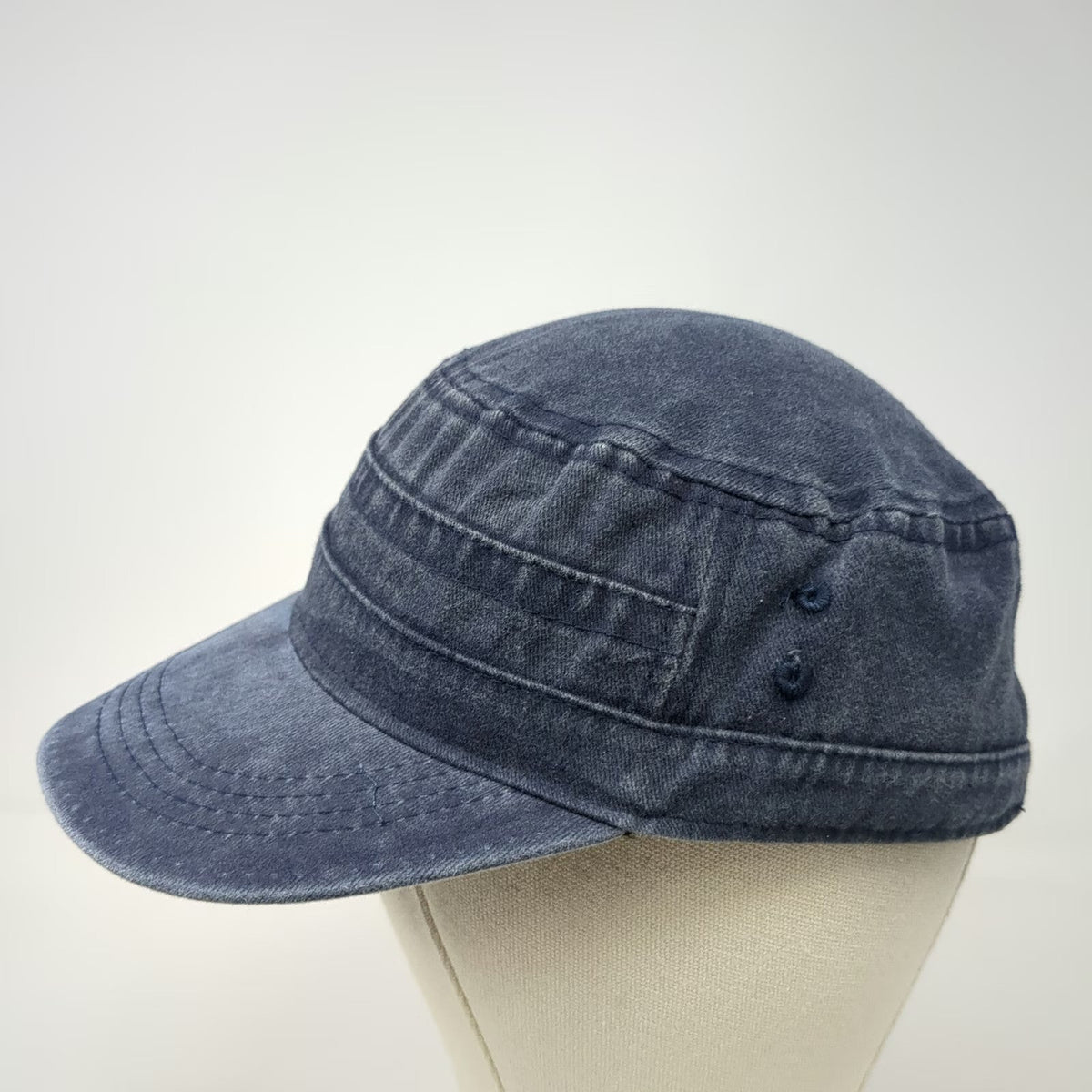 Army Cap Blue One Size Washed Denim Flat Top Adjustable Strapback Buckle Hat