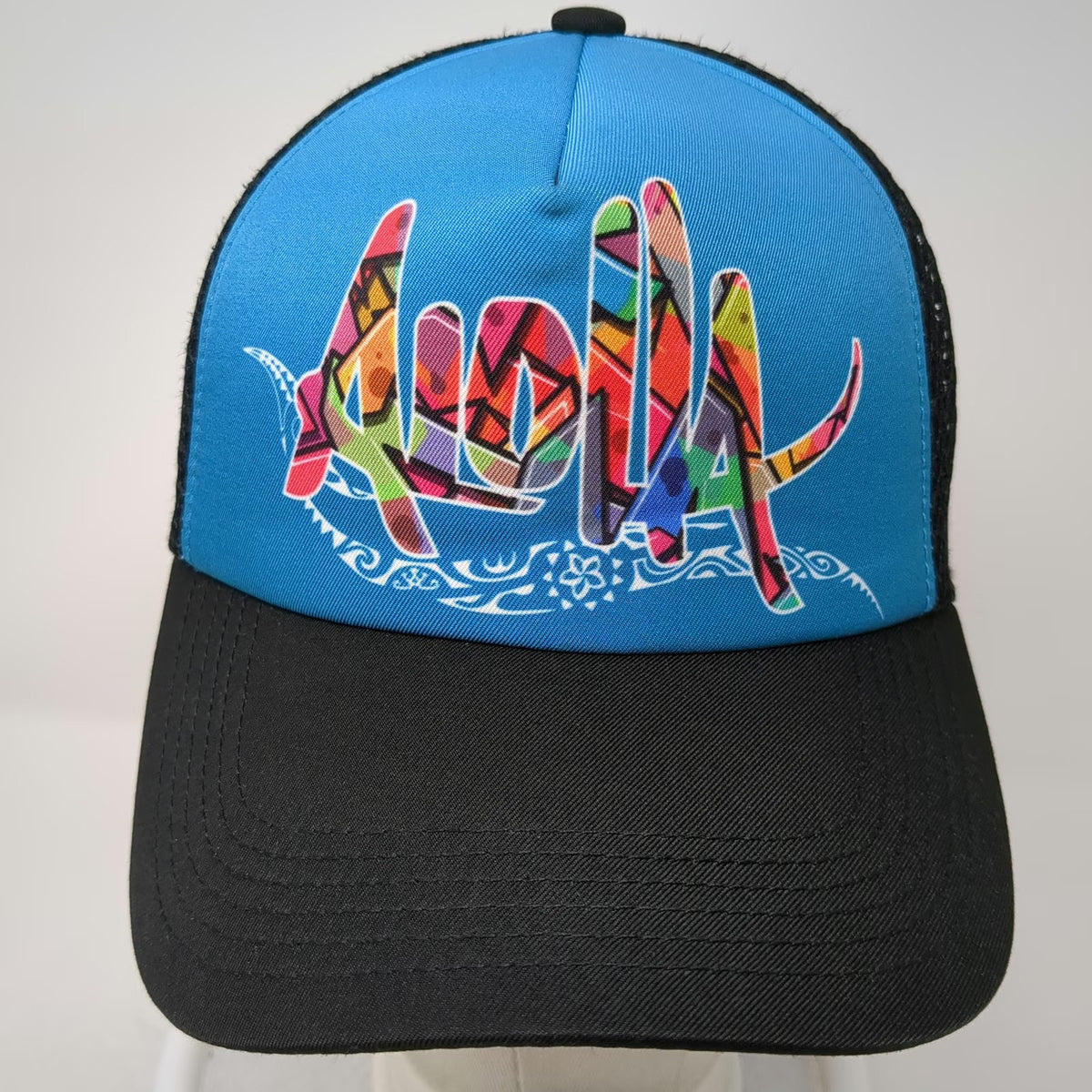 HIC Aloha Trucker Hat Blue Black One Size Snapback Multicolor Mesh Foam Surf Cap