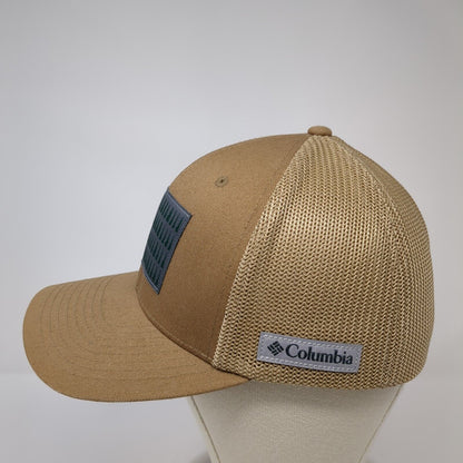 Columbia Tree Flag Fitted Trucker Hat Tan OS Embroidered Patriotic Mesh Flexfit