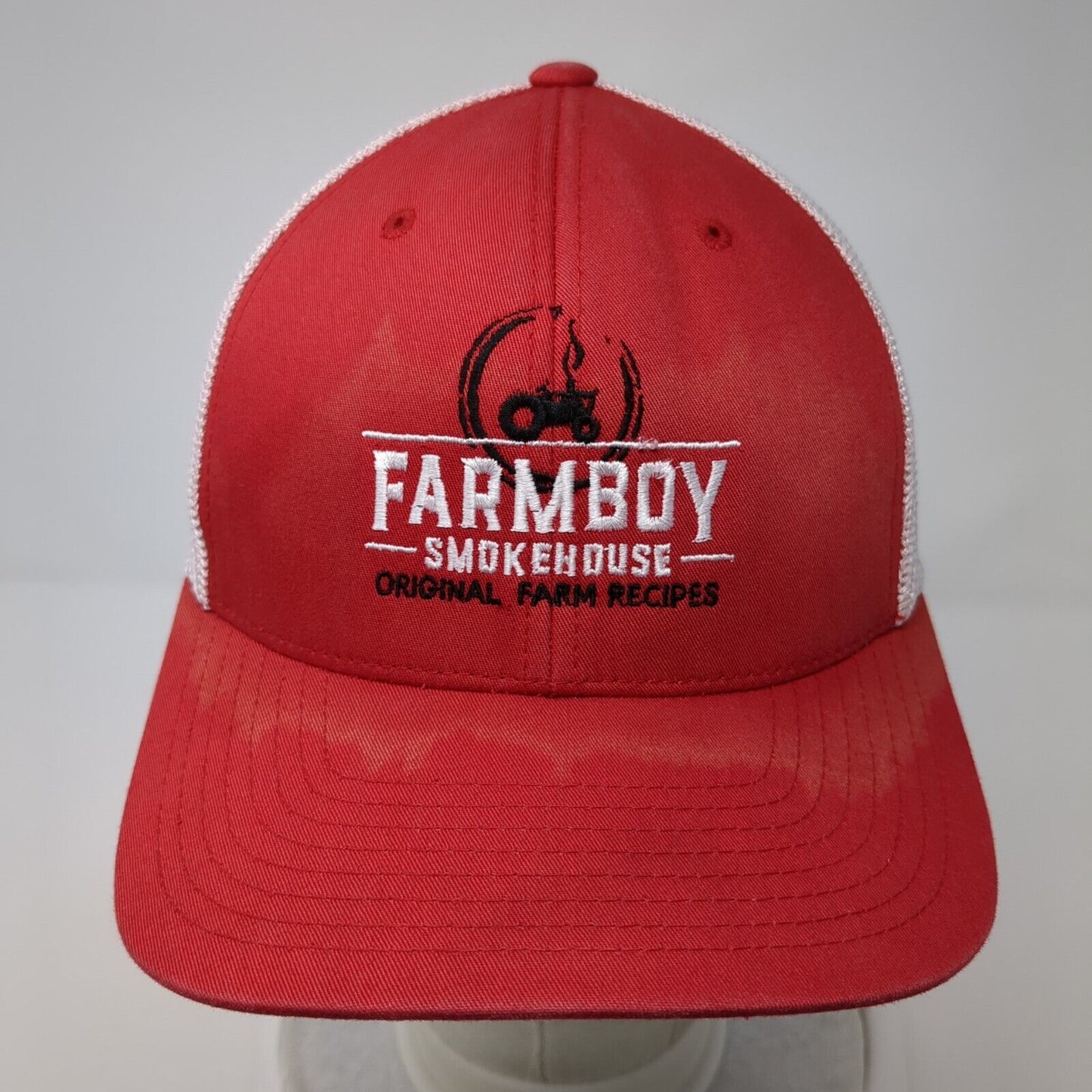 Farmboy Smokehouse Original Farm Recipes Fitted Trucker Hat Red OS Flexfit Mesh