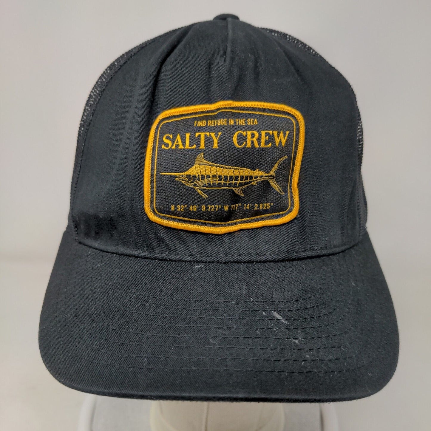 Find Refuge in The Sea Salty Crew Snapback Trucker Hat Black One Size Mesh Back