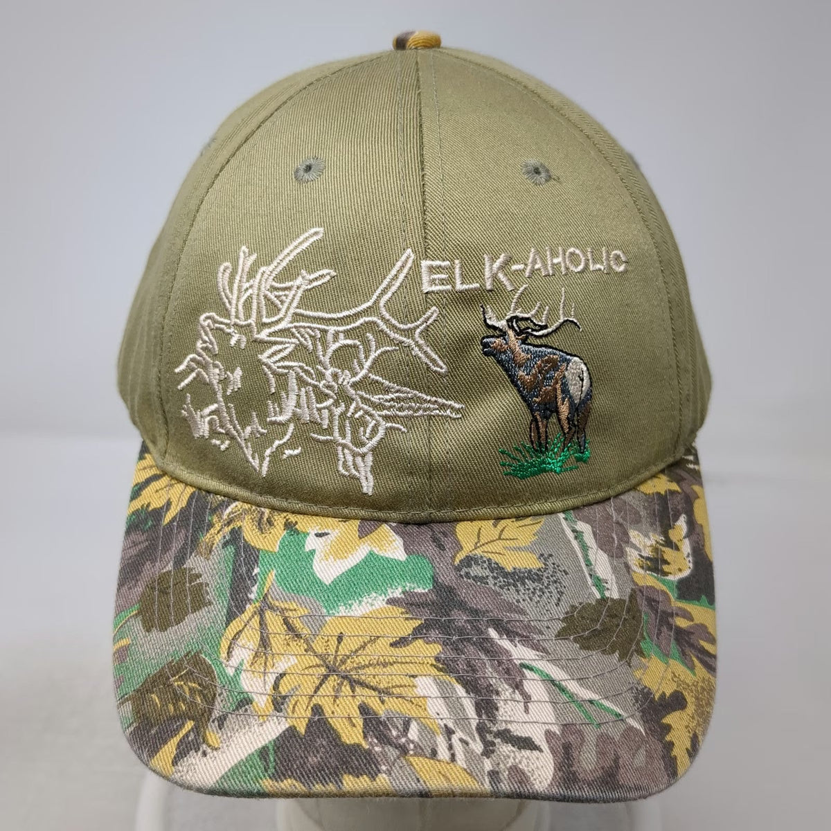 Green Baseball Cap One Size Elk-aholic Hunting Camo Brim Strapback Animal Hat