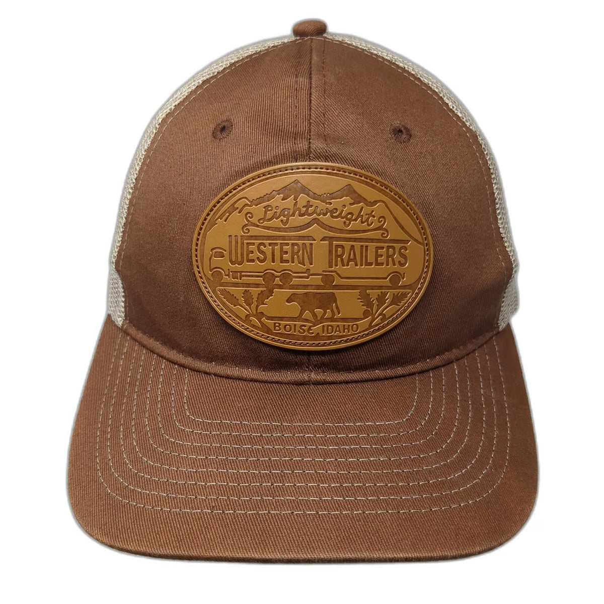 Western Trailers Trucker Hat Brown Beige One Size Snapback Mesh Leather Patch