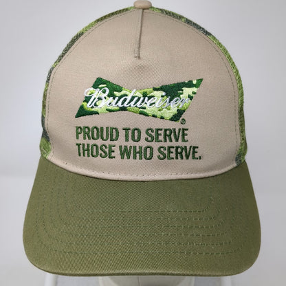 Budweiser Trucker Hat Beige Green One Size Snapback Camo Bowtie Proud To Serve