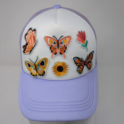 Butterfly Sunflower Patch Snapback Trucker Hat Purple One Size Mesh Back