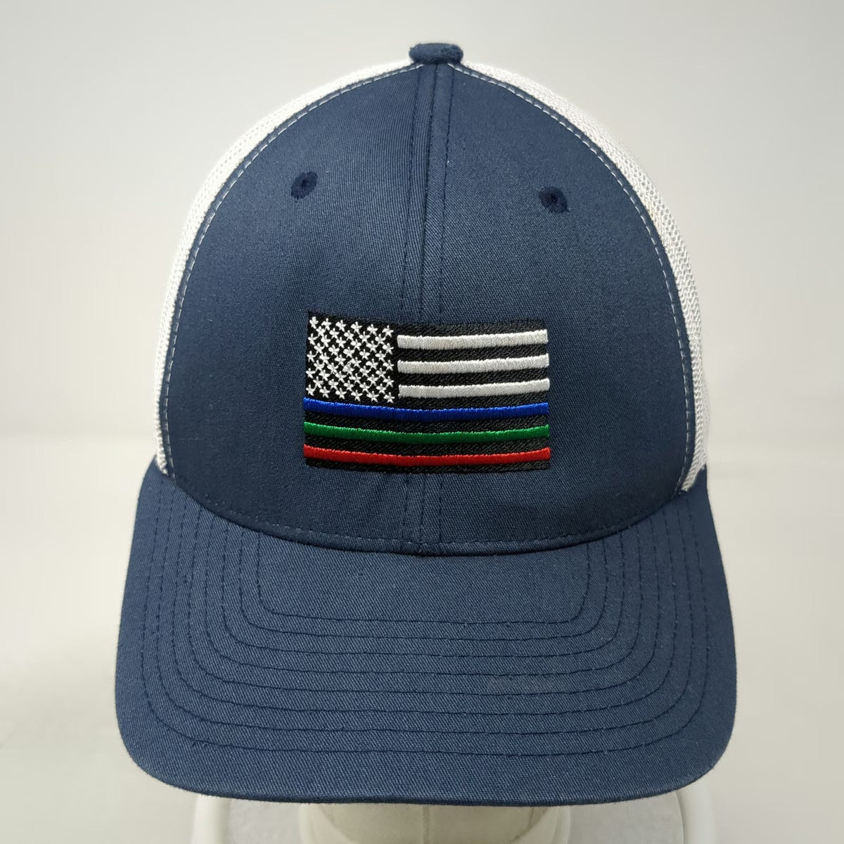 Yupoong Trucker Hat Blue White One Size First Responder Flag Mesh Snapback Patch