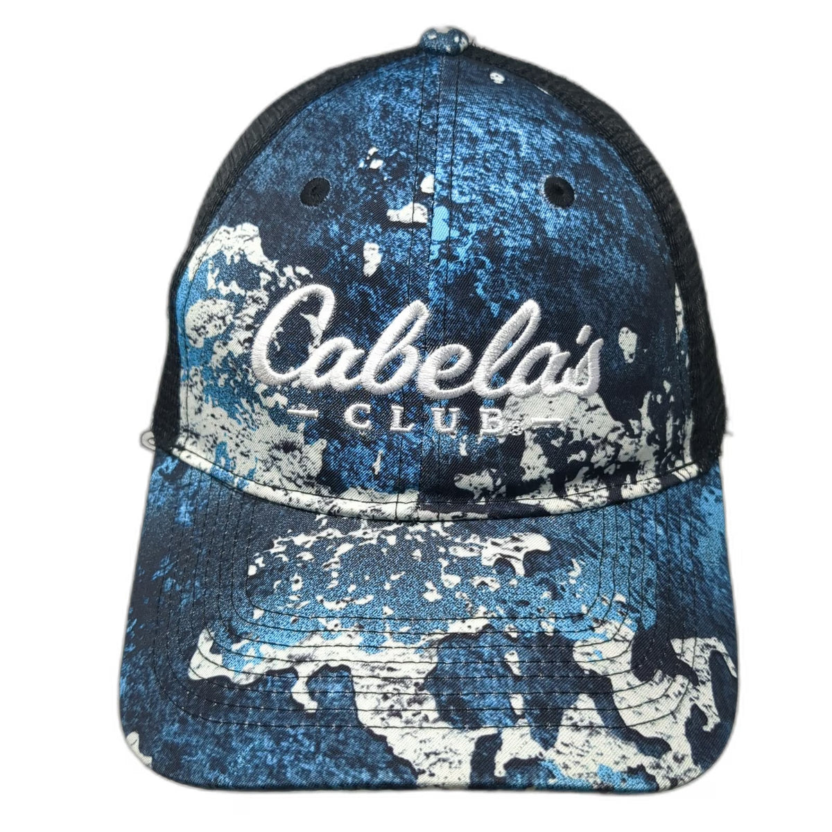 Cabela's Trucker Hat Blue Black White OSFM Mesh Back Snapback Distressed Logo