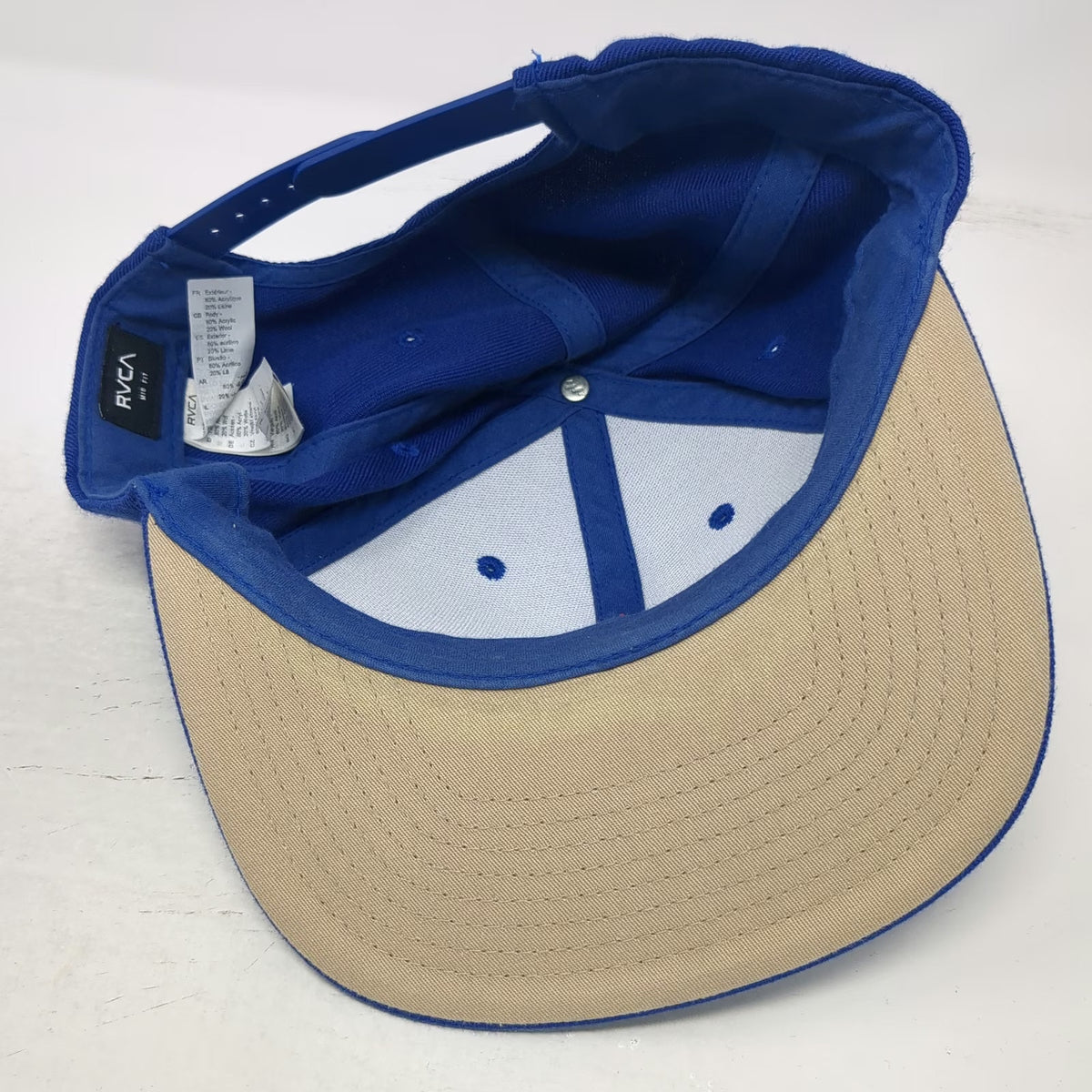 RVCA Snapback Hat Blue One Size White VA Logo Flat Brim Tan Underbrim Acrylic