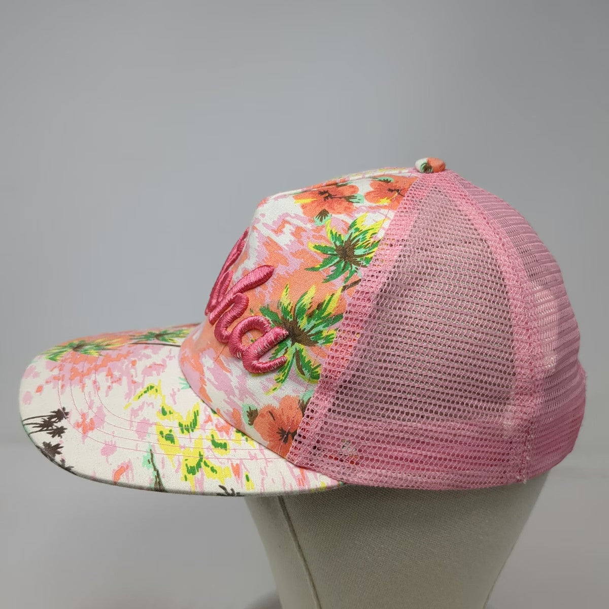 Pink Aloha Trucker Hat One Size Tropical Palm Tree Hibiscus Flower Mesh Snapback