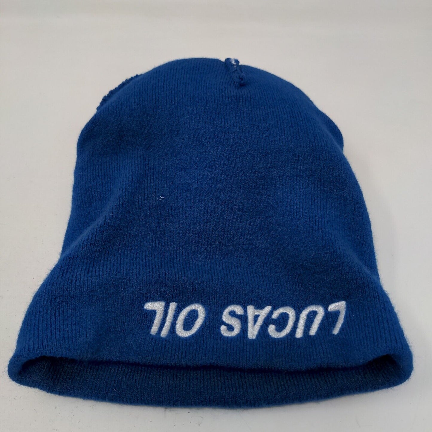 Lucas Oil Men's Knit Beanie Hat Cap Blue Camouflage Acrylic Blend Pom Pom