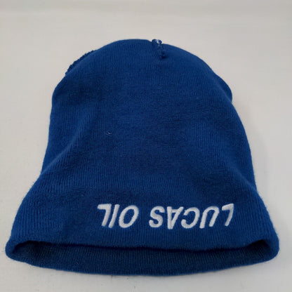 Lucas Oil Men's Knit Beanie Hat Cap Blue Camouflage Acrylic Blend Pom Pom