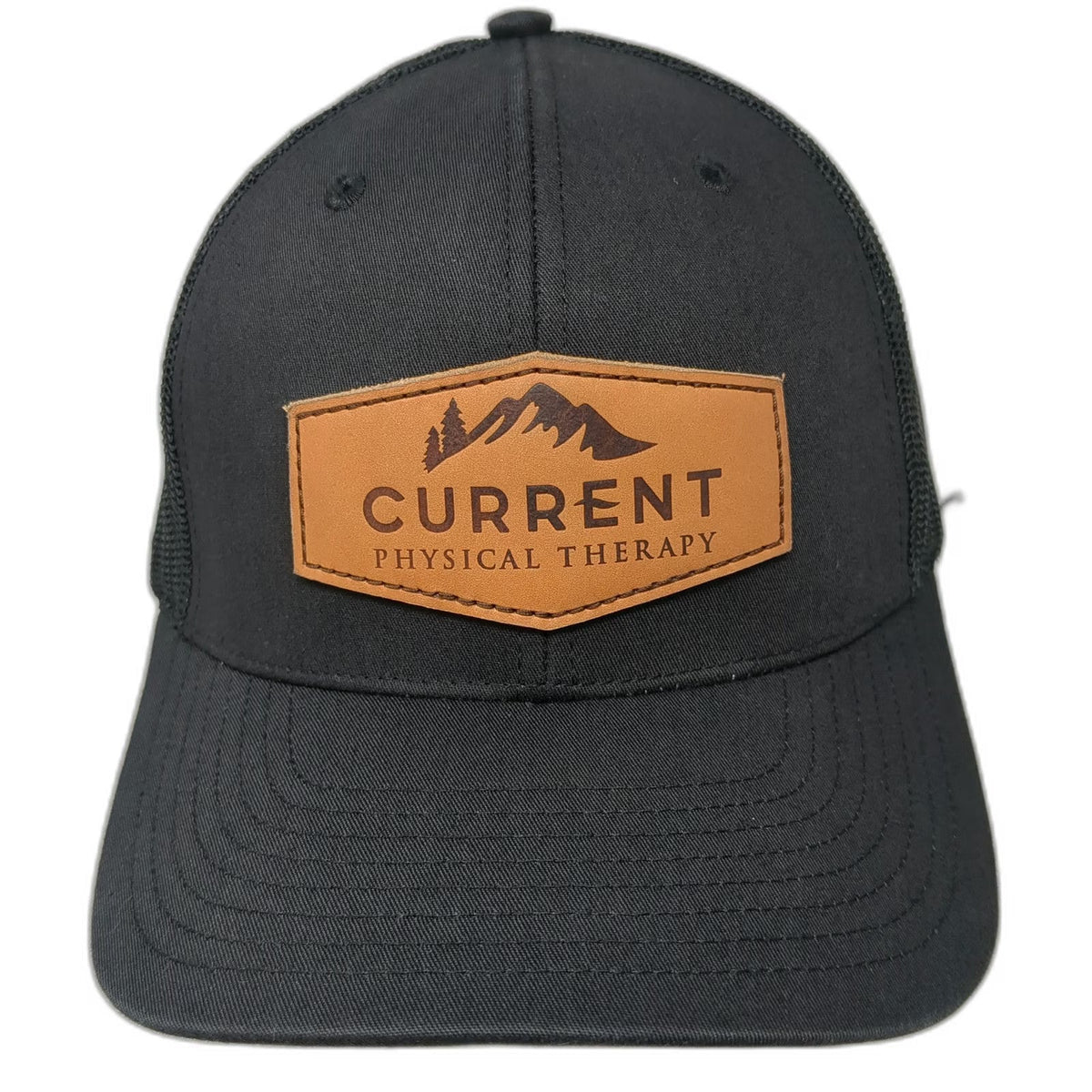 Richardson Trucker Hat Black One Size Mesh Snapback Leather Patch Mountains