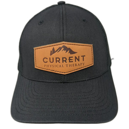 Richardson Trucker Hat Black One Size Mesh Snapback Leather Patch Mountains
