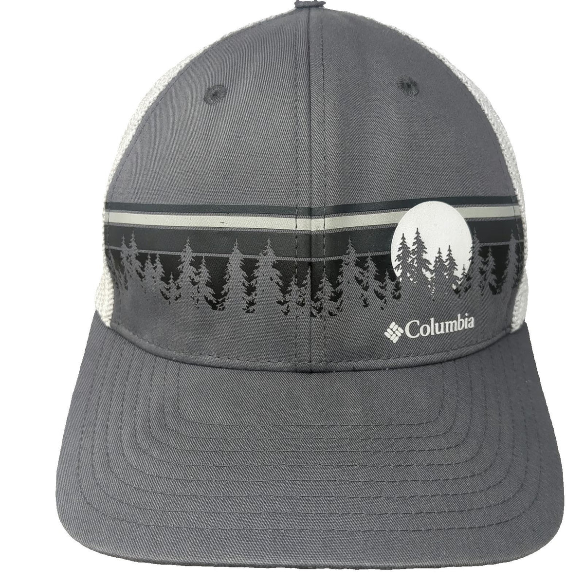 Columbia Baseball Cap Gray XL Hat Mesh Back Treeline Forest Graphic Stretch Fit