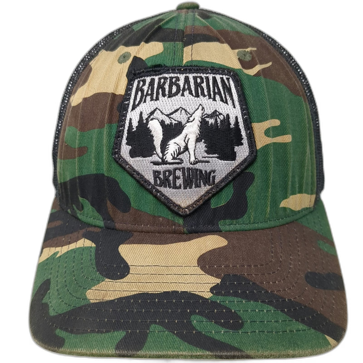 Richardson Trucker Hat Green Camo One Size Barbarian Brewing Wolf Patch Snapback