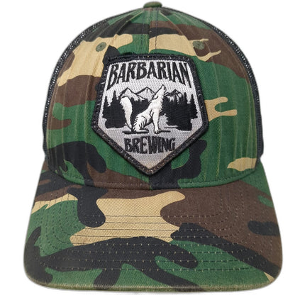 Richardson Trucker Hat Green Camo One Size Barbarian Brewing Wolf Patch Snapback