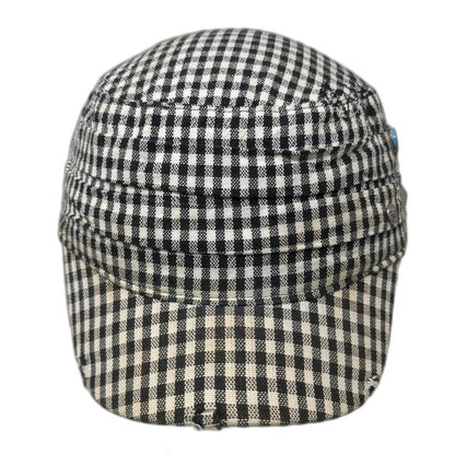 Roxy Army Cap Black White One Size Distressed Gingham Check Studs Plaid Hat