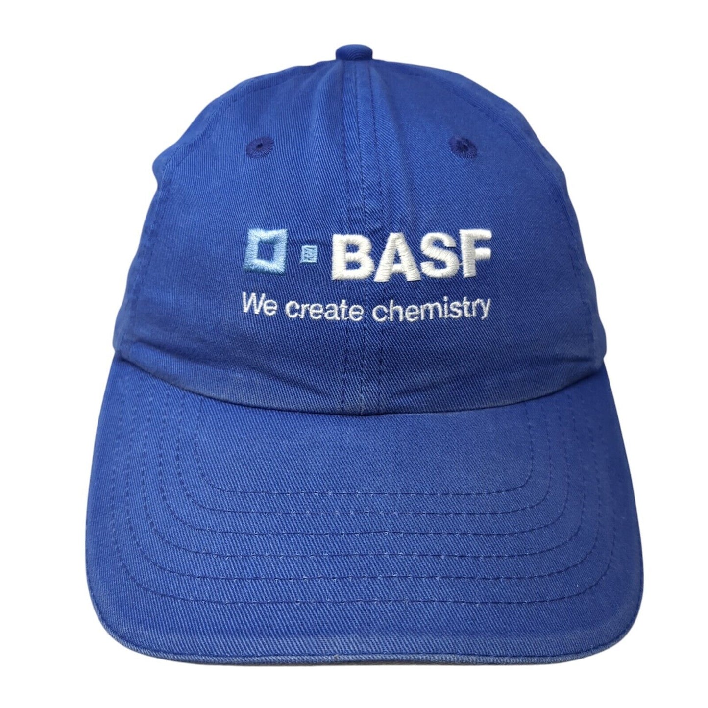 O-BASF We Create Chemistry Slideback Hat Blue One Size Adjustable Embroidered