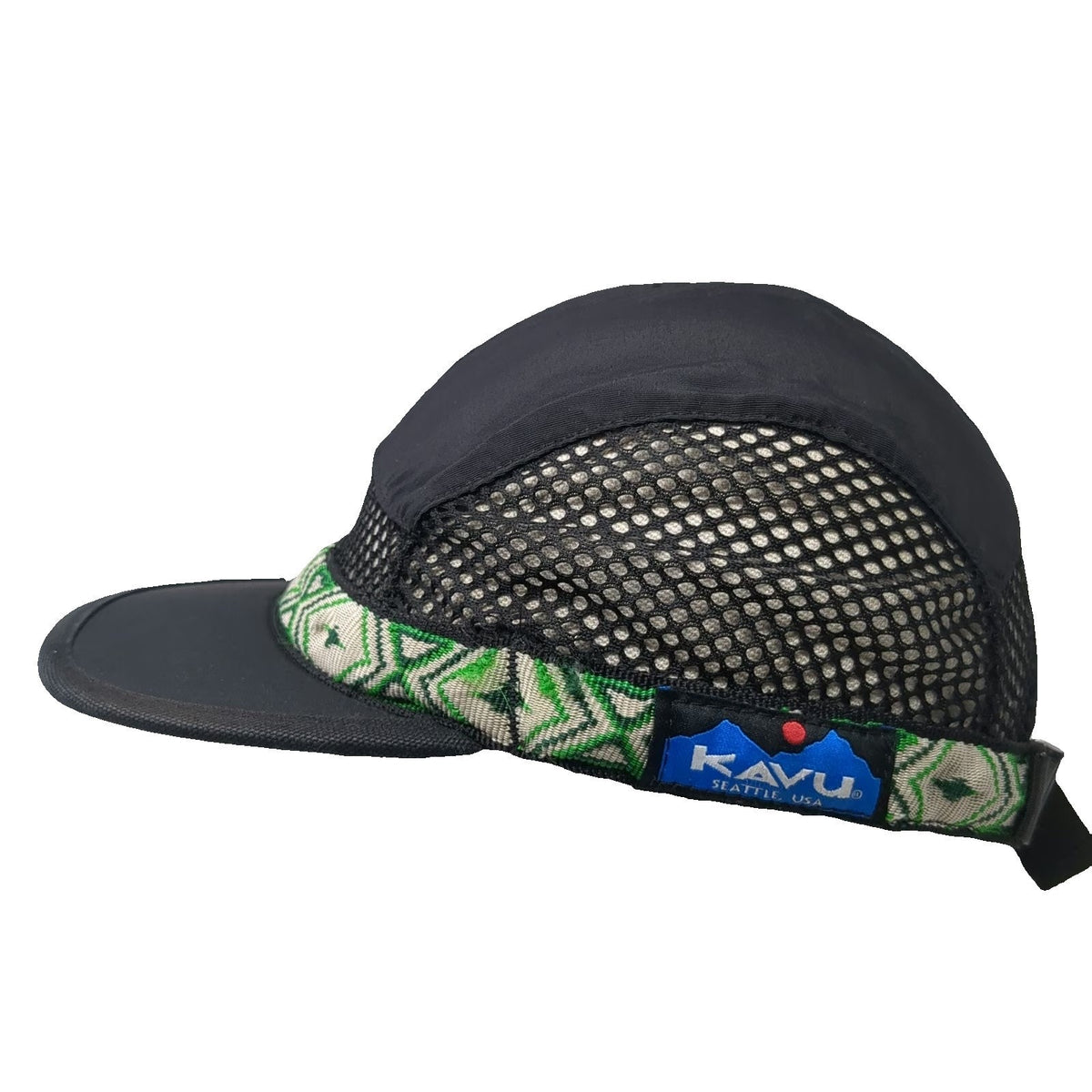 KAVU 5 Panel Cap Black M Mesh Patterned Trim Seattle USA Slideback Outdoor Hat