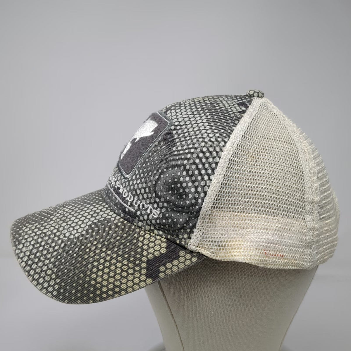 Simms Trucker Hat Gray One Size Mesh Snapback Fishing Hex Camo Bass Logo Patch