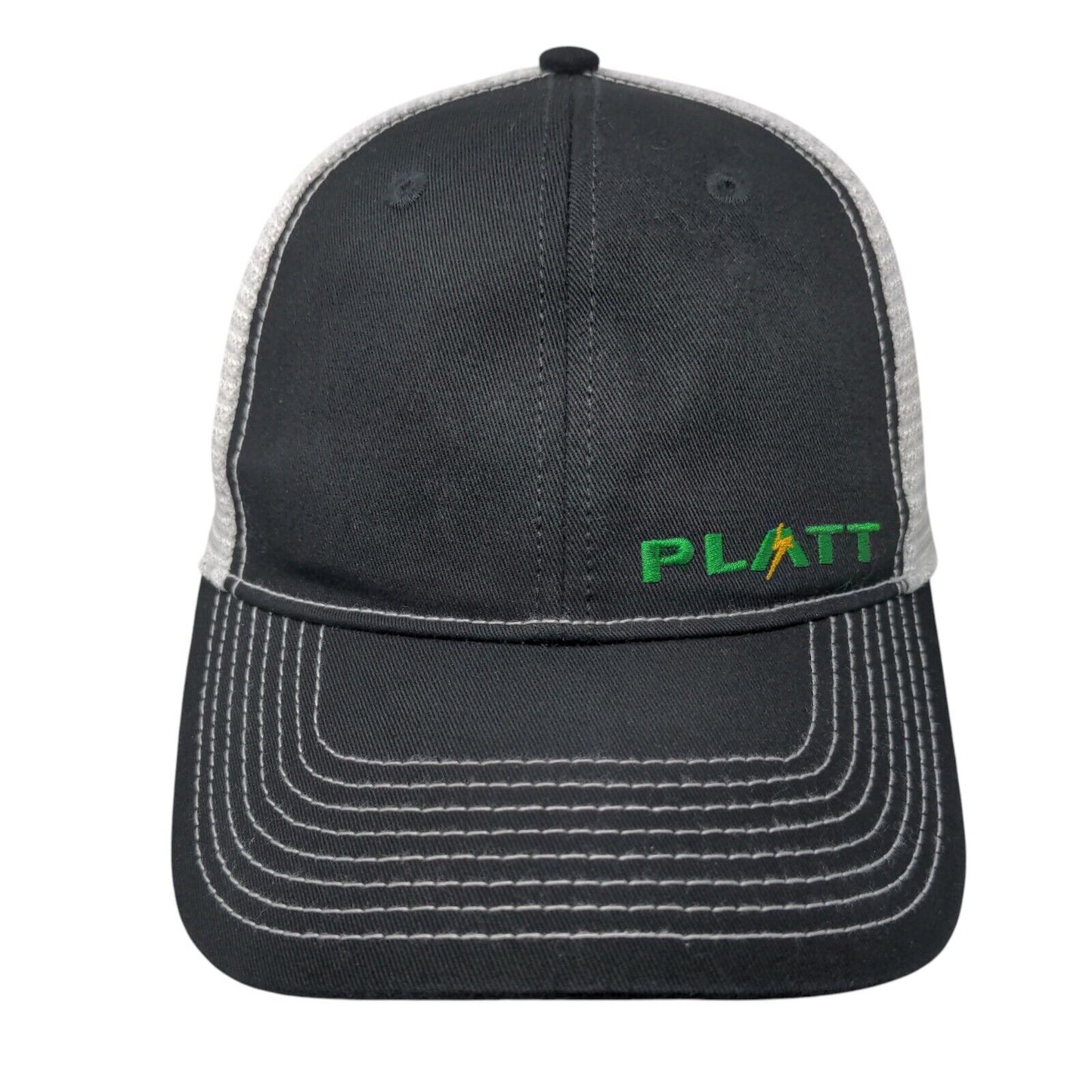 PLATT Fitted Trucker Hat Black OSFA Embroidered Vented Holes 6 Panel Mesh Back